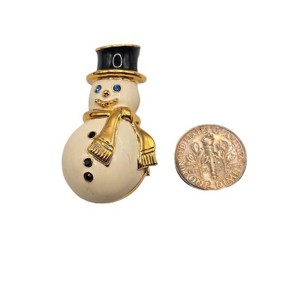 Monet Snowman Brooch Pin Gold Tone Enamel Scarf Blue Eyes Holiday Jewelry Gift - Picture 7 of 11